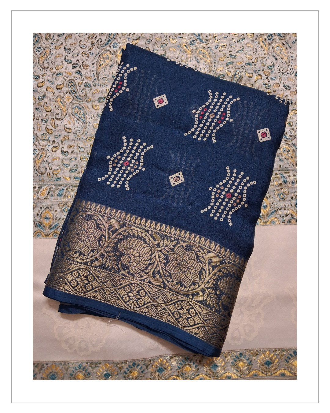 Navy Blue Printed Designer Saree with Elegant Golden Border