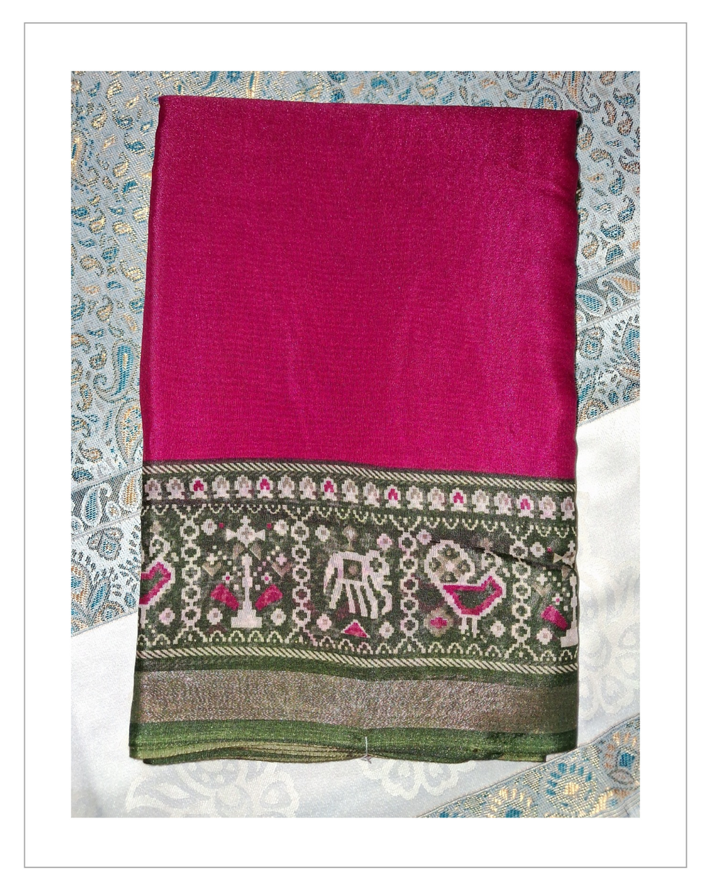 Pink & Green Traditional Printed Saree with Designer Border