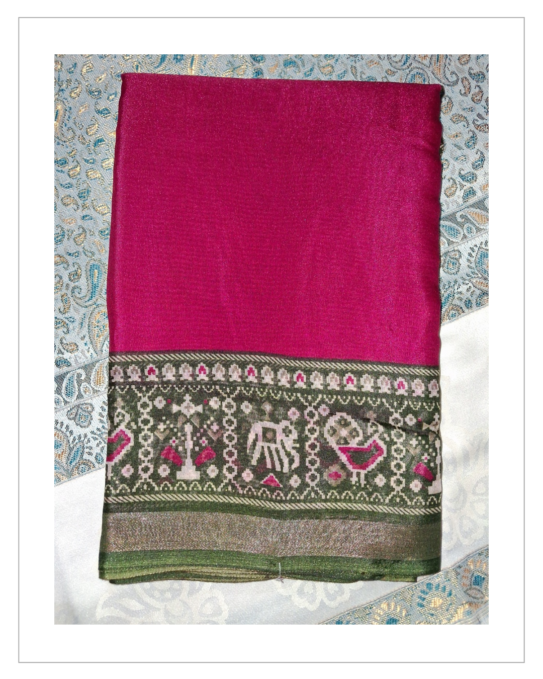 Pink & Green Traditional Printed Saree with Designer Border
