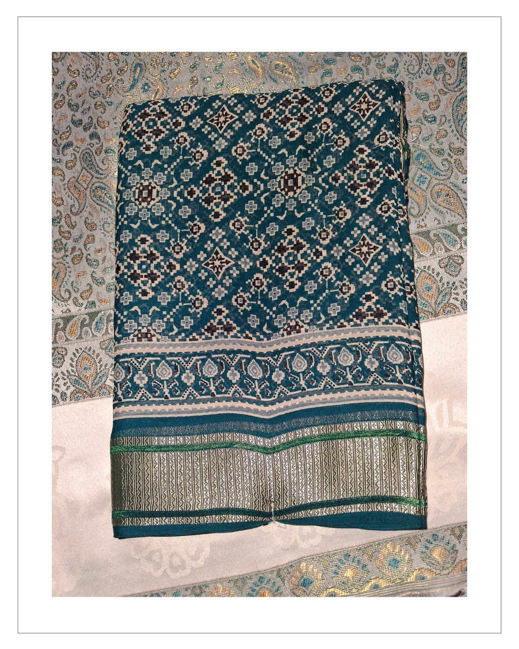 Blue Printed Designer Saree with Elegant Silver Border
