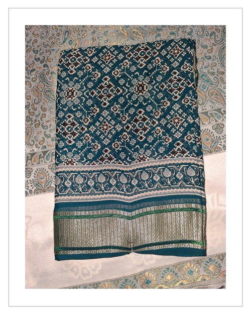 Blue Printed Designer Saree with Elegant Silver Border
