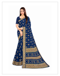 Navy Blue Printed Designer Saree with Elegant Golden Border