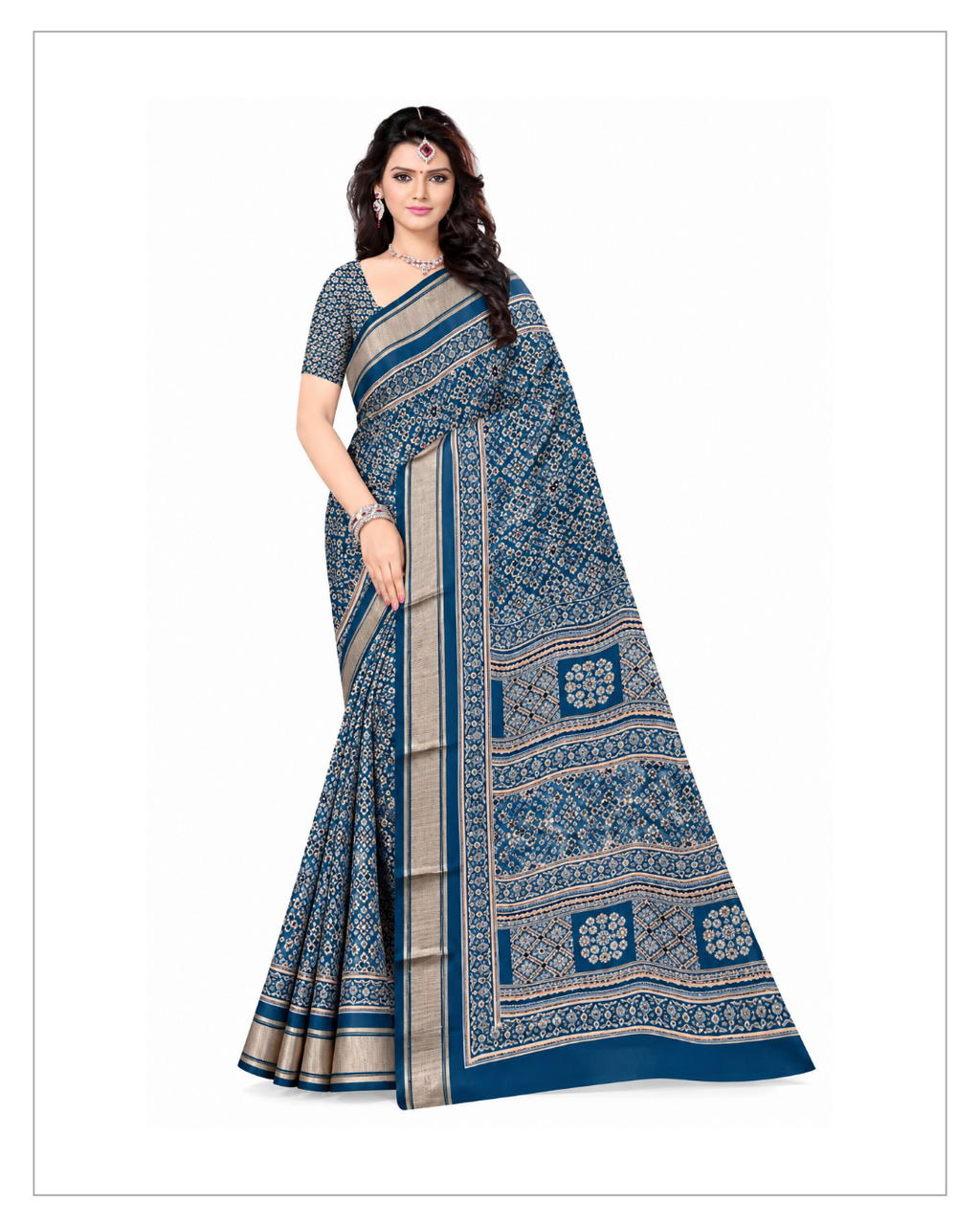 Blue Printed Designer Saree with Elegant Silver Border