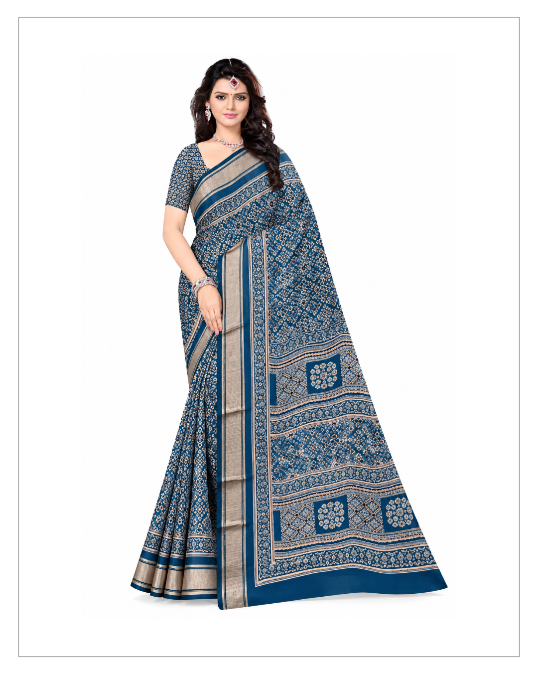 Blue Printed Designer Saree with Elegant Silver Border