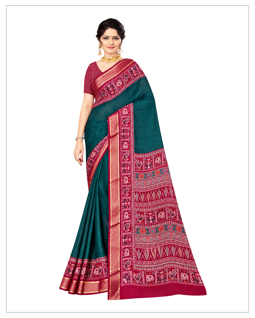 Elegant Teal Green & Maroon Printed Designer Saree