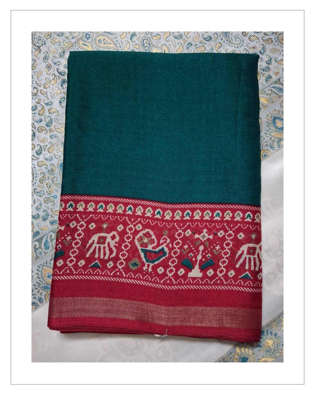 Wine Red & Green Traditional Printed Saree with Designer Border