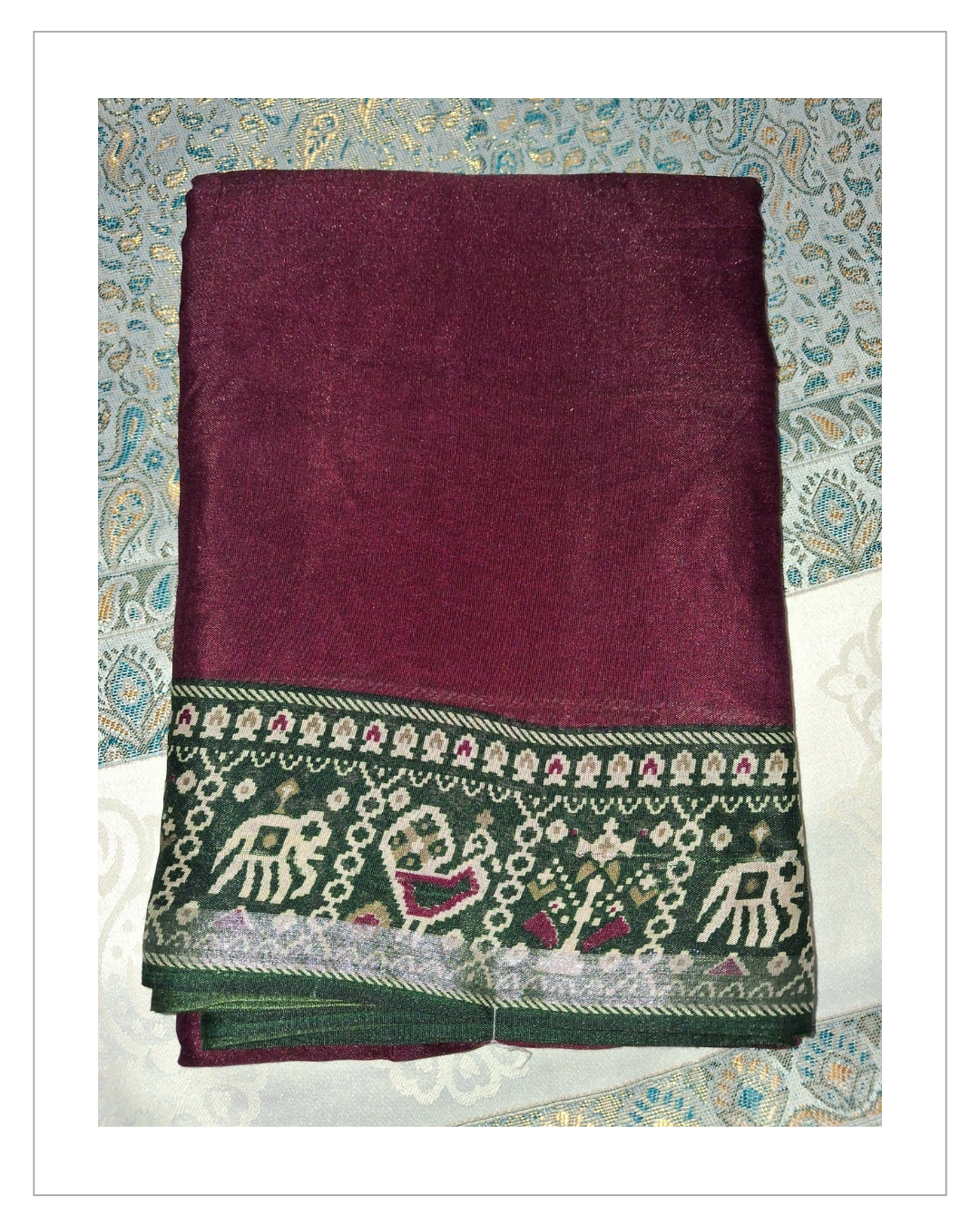 Maroon & Green Traditional Printed Saree with Designer Border