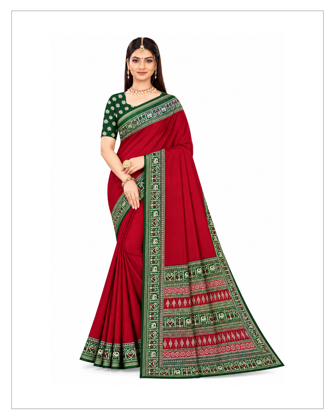Maroon & Green Traditional Printed Saree with Designer Border