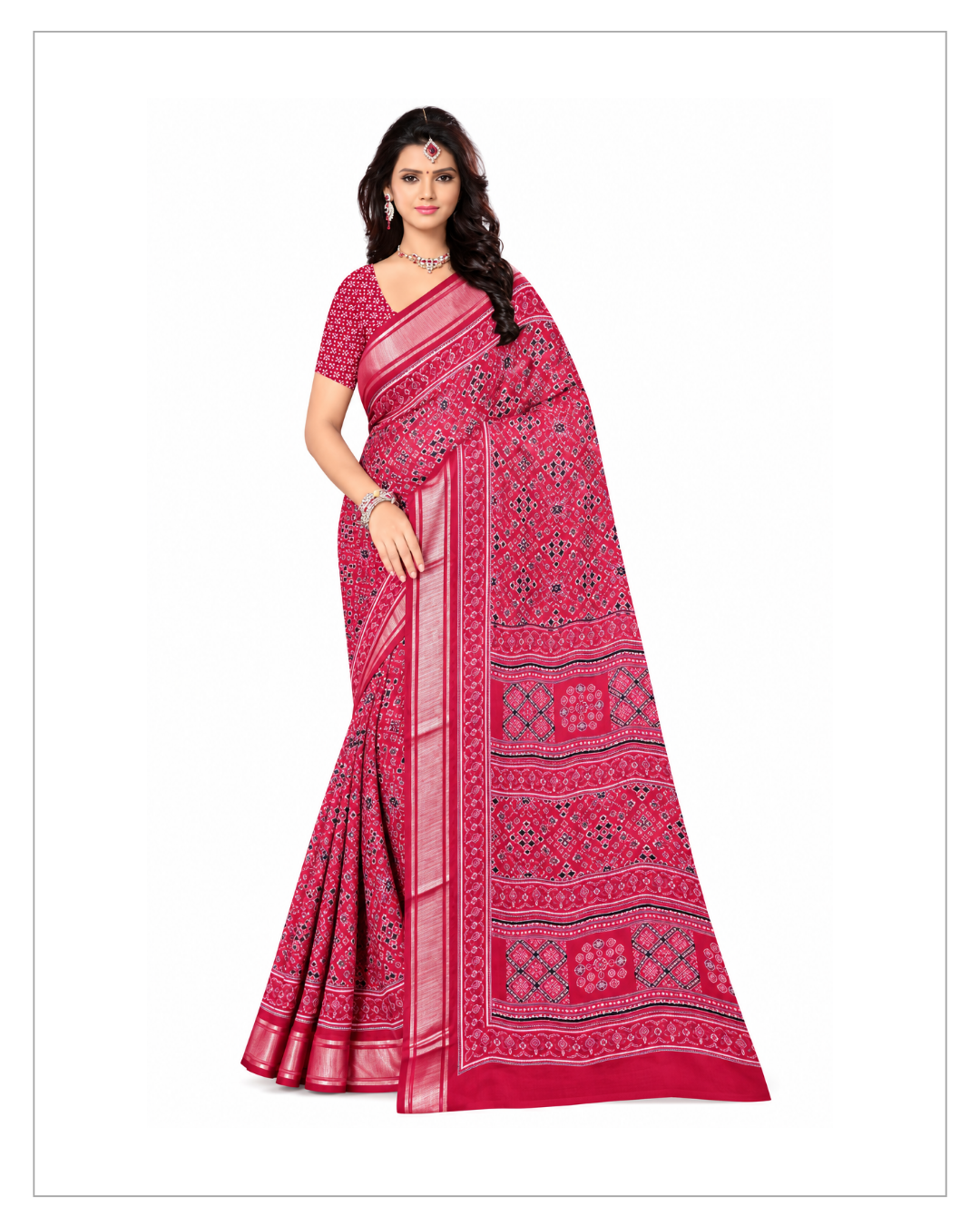 Women’s Pink Printed Designer Saree with Matching Blouse