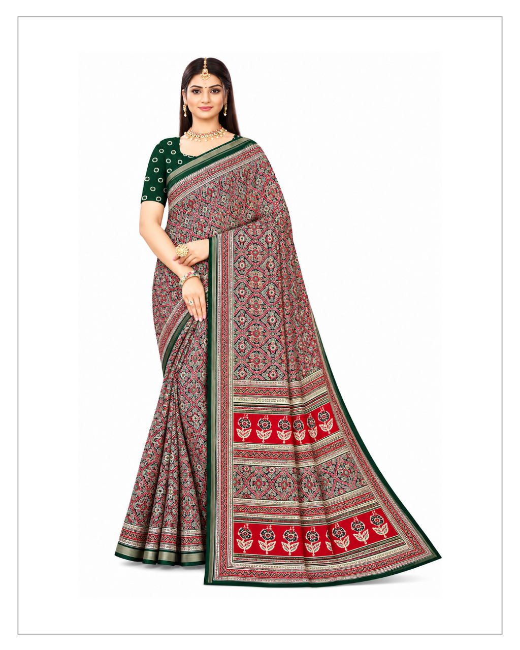 Green & Maroon Printed Designer Saree with Traditional Floral Border