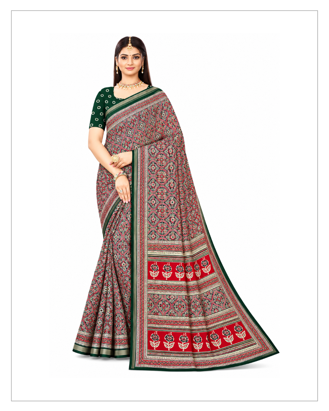 Green & Maroon Printed Designer Saree with Traditional Floral Border