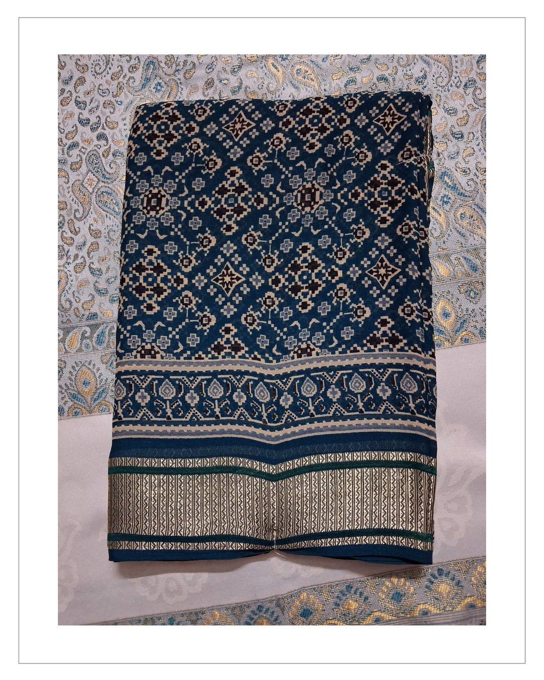 Blue Printed Designer Saree with Elegant Silver Border