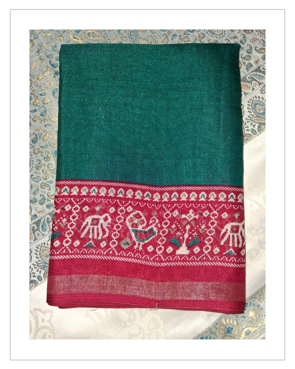 Wine Red & Green Traditional Printed Saree with Designer Border