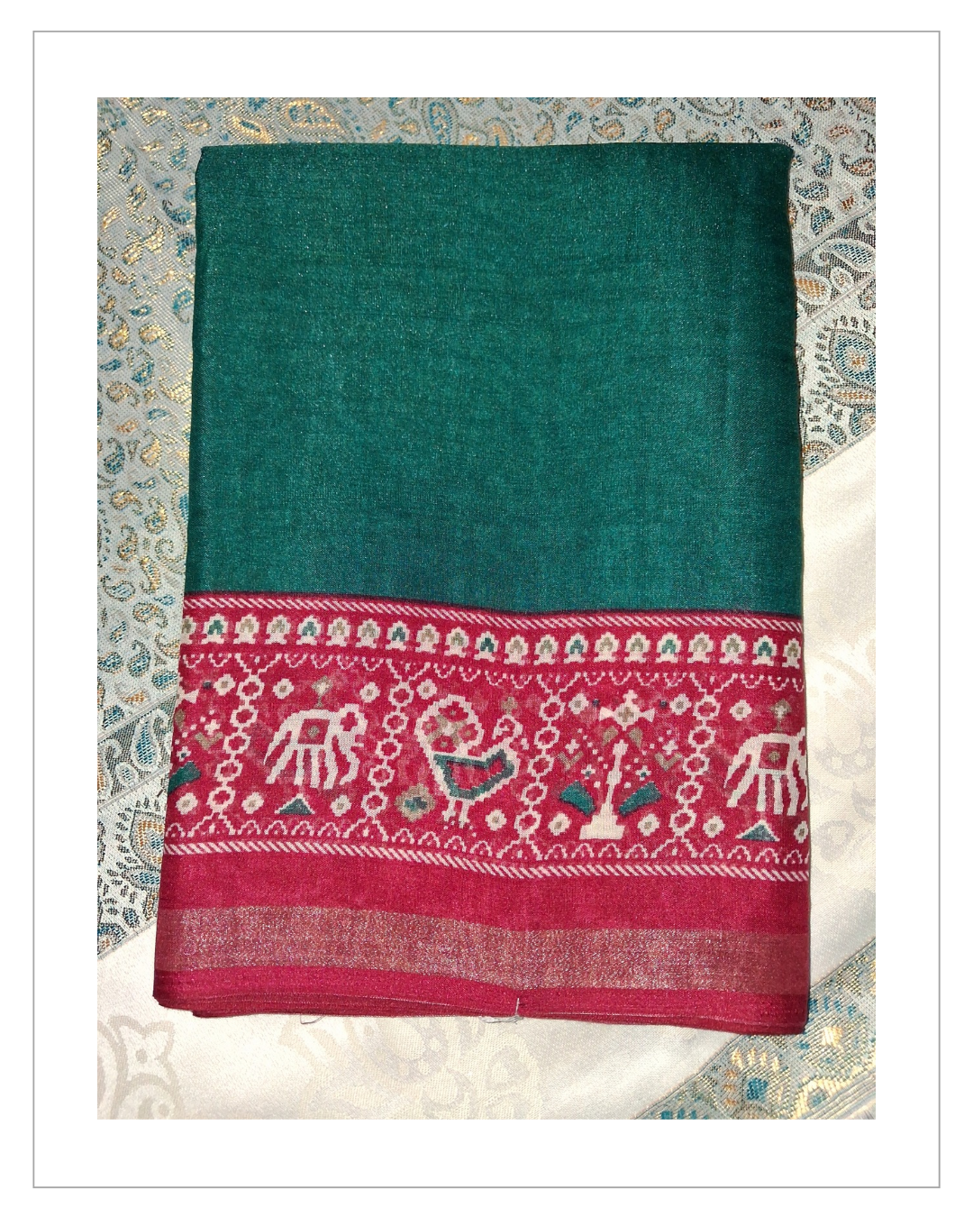 Wine Red & Green Traditional Printed Saree with Designer Border