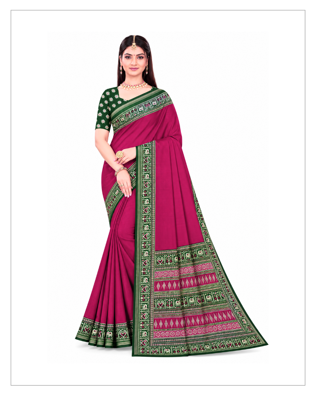 Pink & Green Traditional Printed Saree with Designer Border